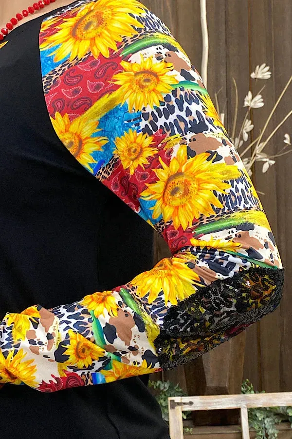 * Sunflower, Multi Print, Long Sleeve Black Top *