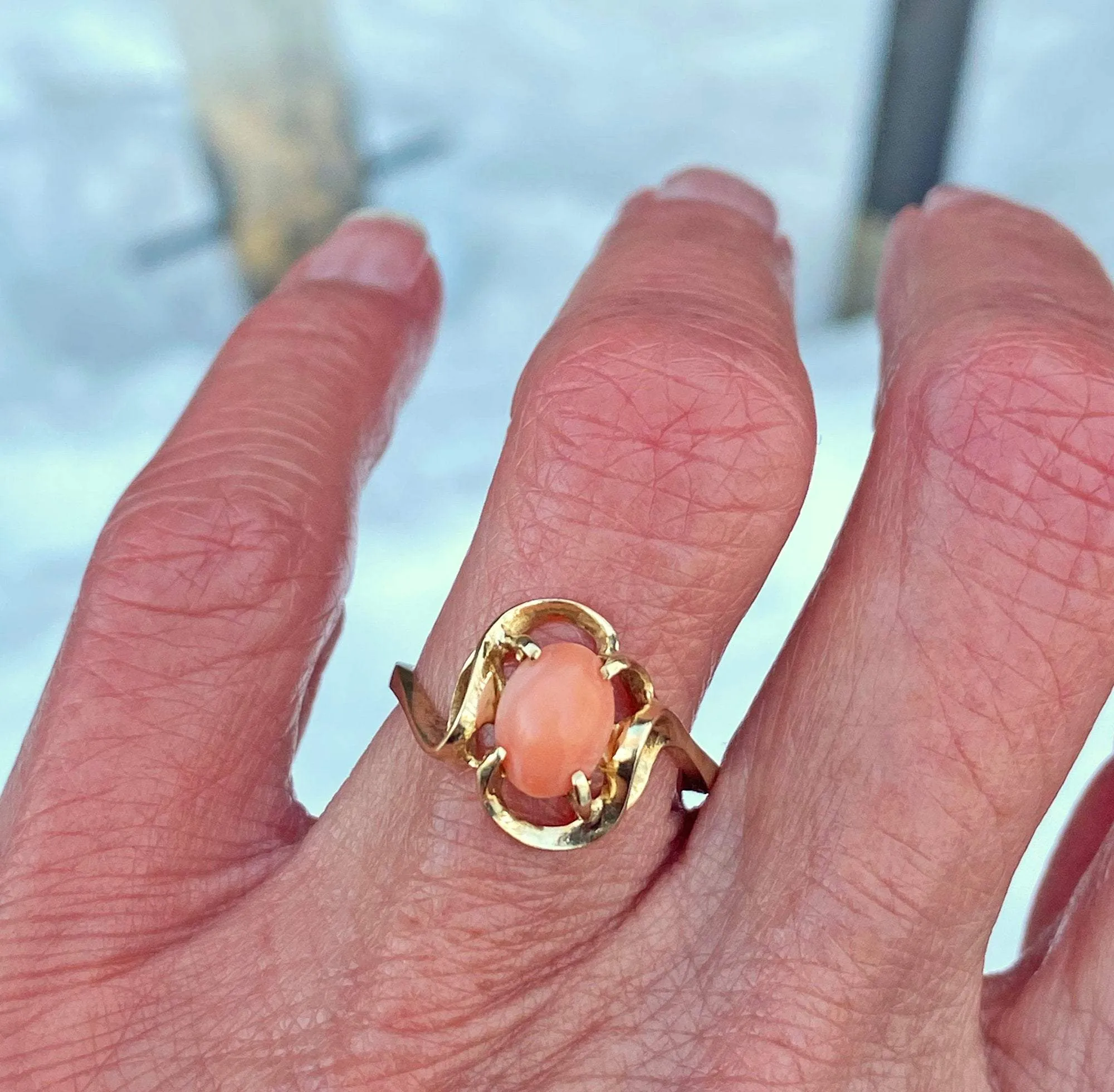 14K Gold Natural Gemstone Coral Ring