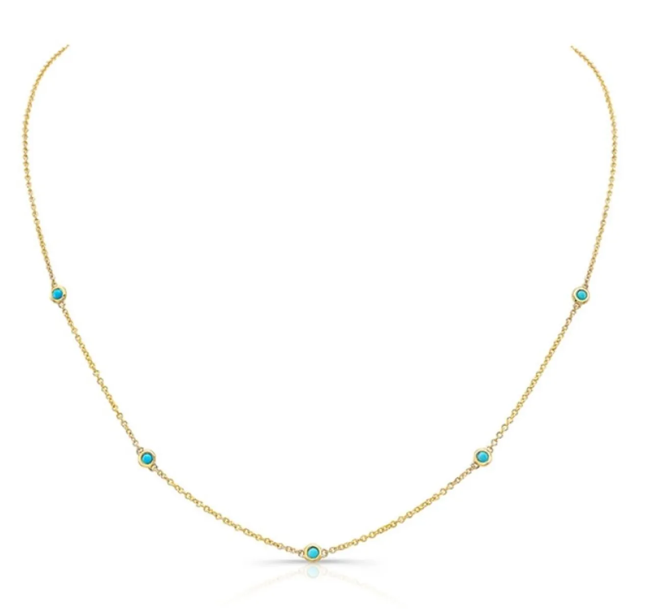 14K Yellow Gold 5 Bezel Turquoise Station Necklace