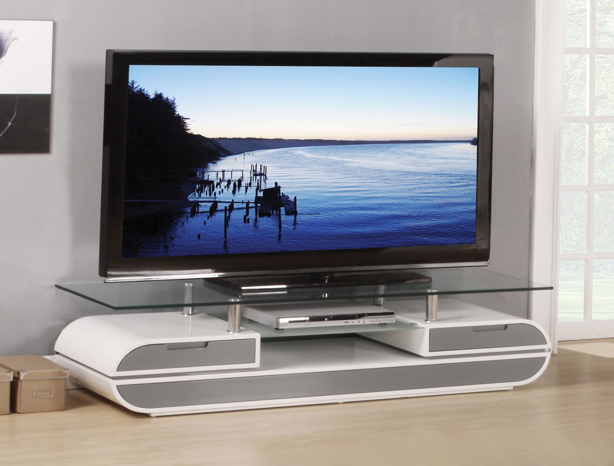 20 X 63 X 16 White Gray Wood Glass Metal Veneer TV Stand