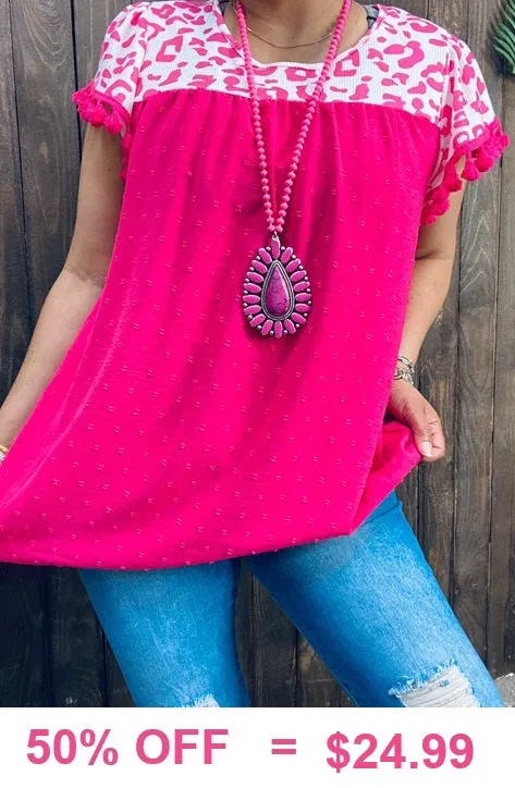 3X : Pink Textured Top with white leopard cap sleeves