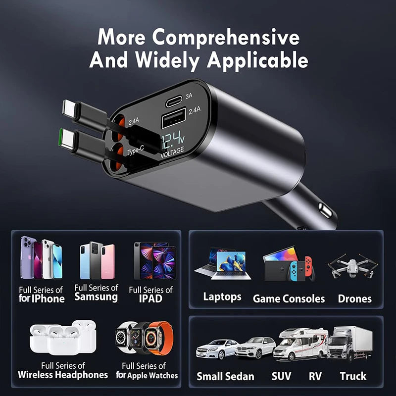 4 in 1 Retractable Fast Car Phone Charger 120W (Type-C, iOS, USB-C & USB interface)