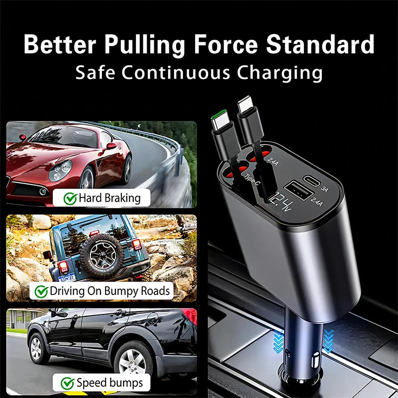 4 in 1 Retractable Fast Car Phone Charger 120W (Type-C, iOS, USB-C & USB interface)