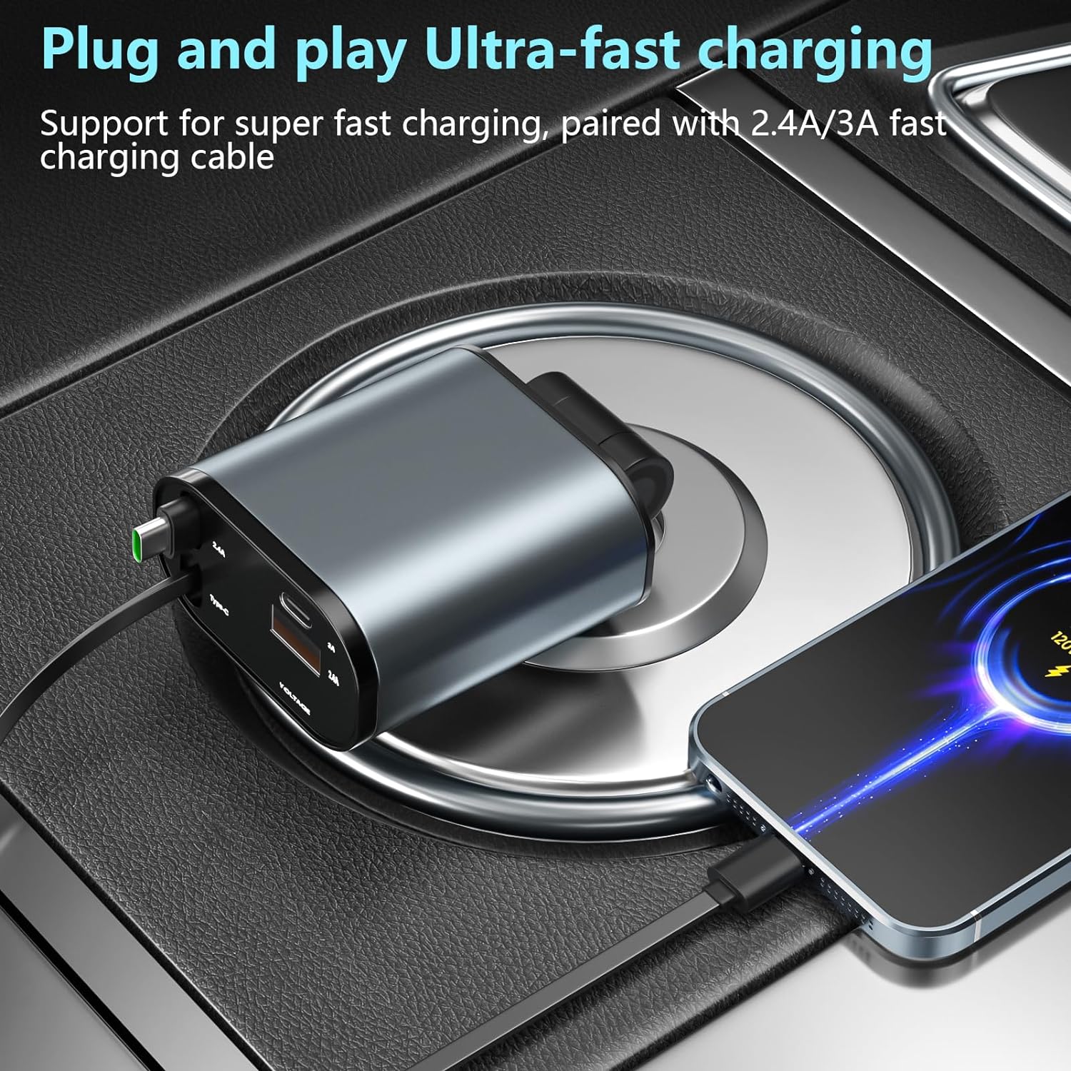 4 in 1 Retractable Fast Car Phone Charger 120W (Type-C, iOS, USB-C & USB interface)