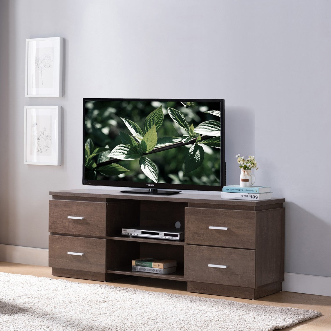 60 Brown Particle Board And Mdf Cabinet Enclosed Storage TV Stand