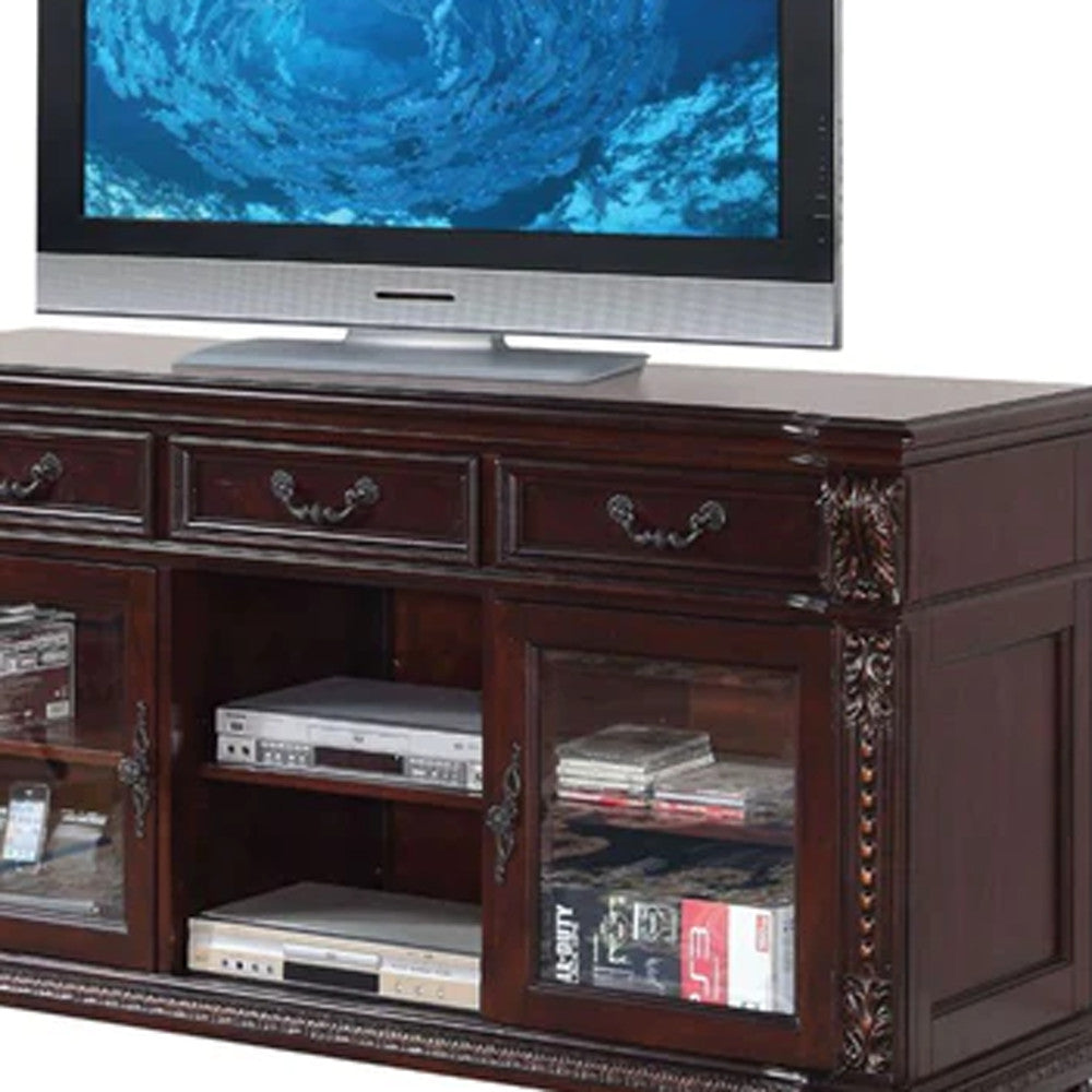 65 Dark Brown Wood Cabinet Enclosed Storage TV Stand