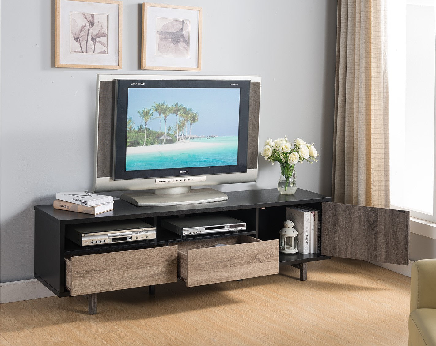 71 Brown And Black Particle Board And Mdf Cabinet Enclosed Storage TV Stand