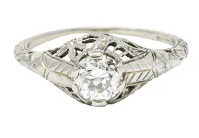 Art Deco 0.81 CTW Diamond 18 Karat White Gold Floral Engagement Ring GIA