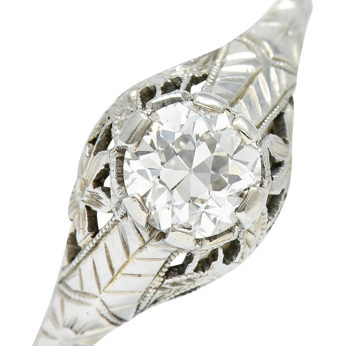 Art Deco 0.81 CTW Diamond 18 Karat White Gold Floral Engagement Ring GIA