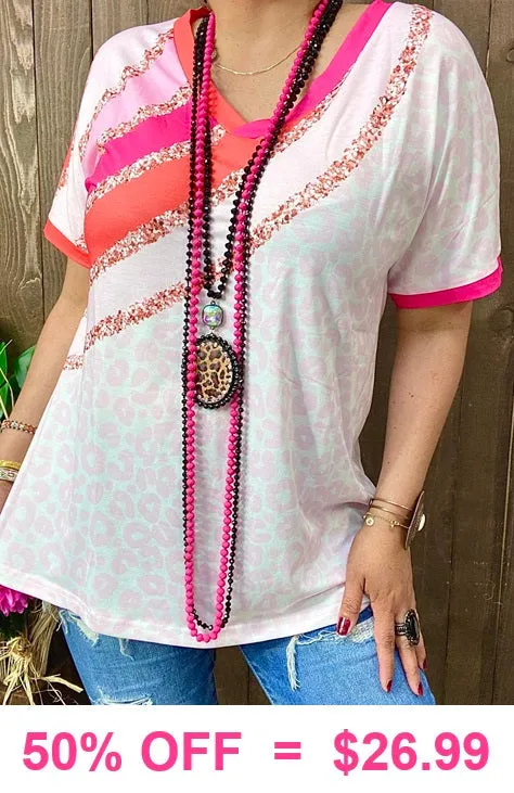 Blush Leopard Top with pink & orange stripes