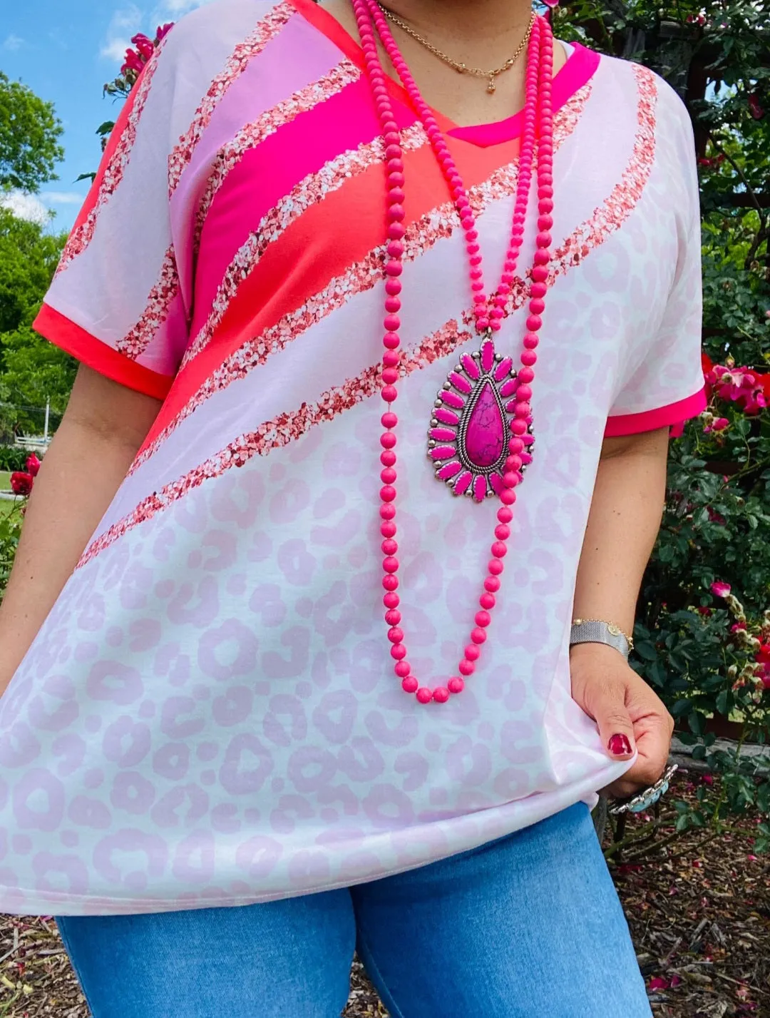 Blush Leopard Top with pink & orange stripes