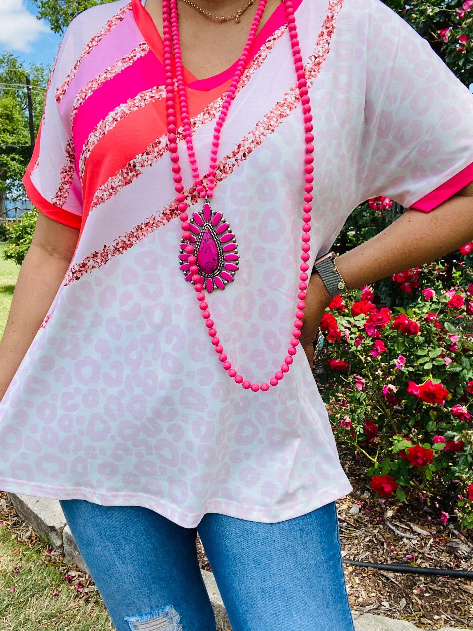 Blush Leopard Top with pink & orange stripes