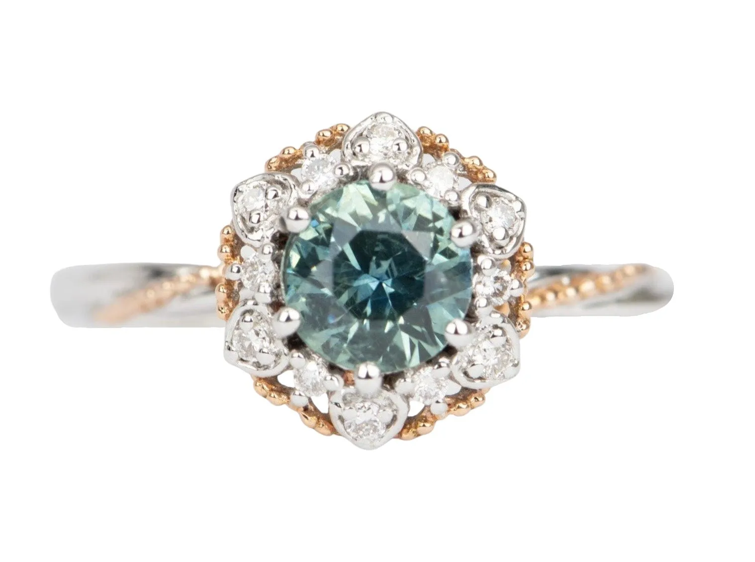 Brilliant Teal Blue Montana Sapphire Floral Style Engagement Ring 14K Gold R6493