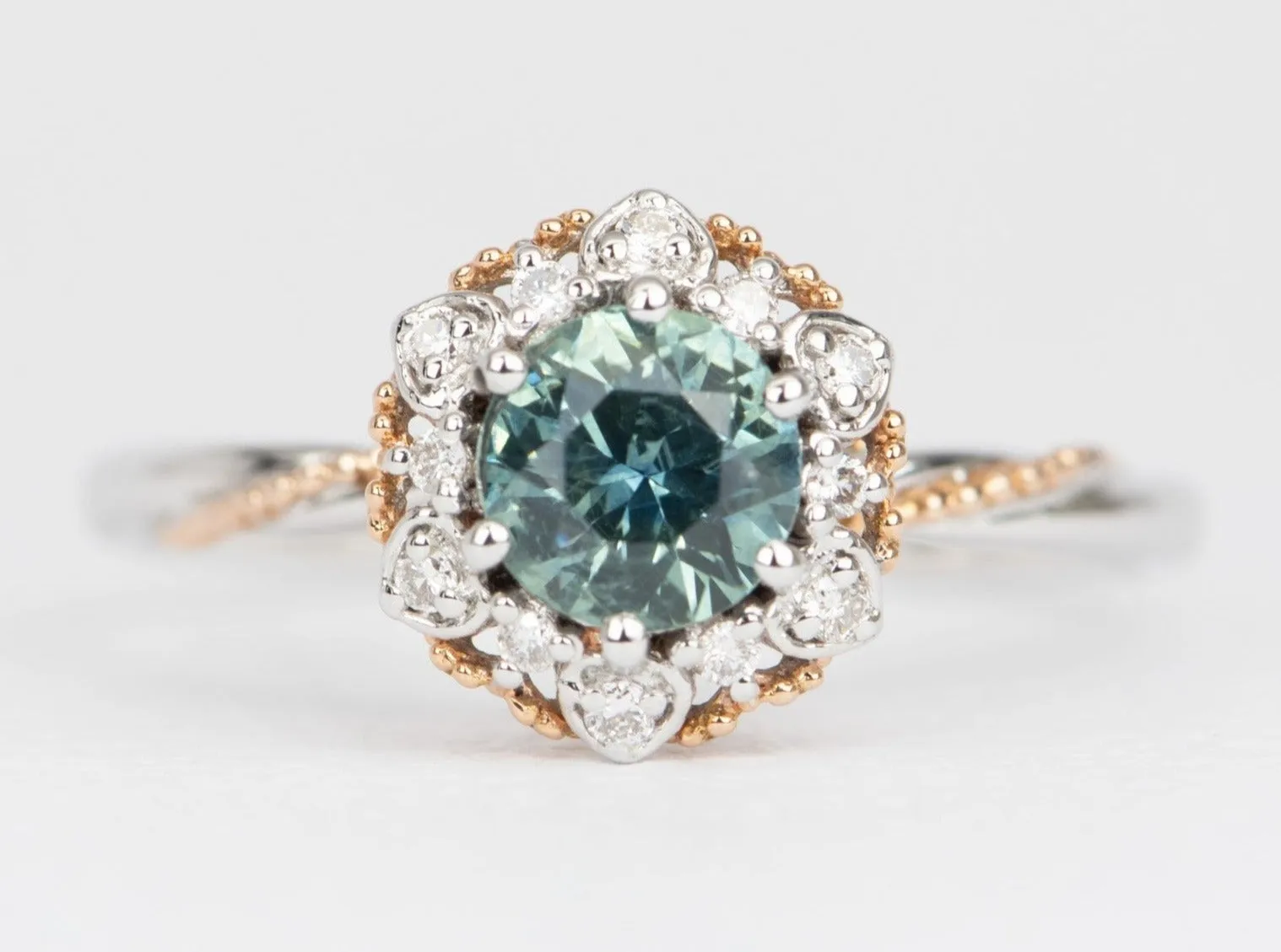 Brilliant Teal Blue Montana Sapphire Floral Style Engagement Ring 14K Gold R6493