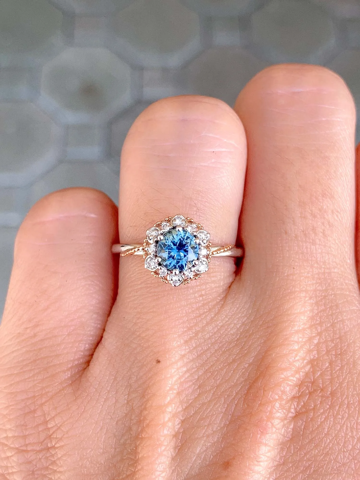 Brilliant Teal Blue Montana Sapphire Floral Style Engagement Ring 14K Gold R6493