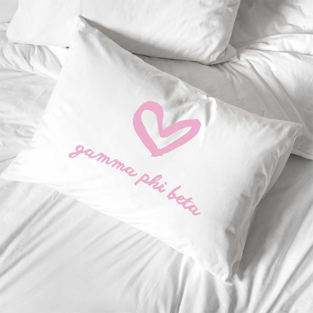 Gamma Phi Beta Sorority Name with Heart Design on Printed Pillowcase