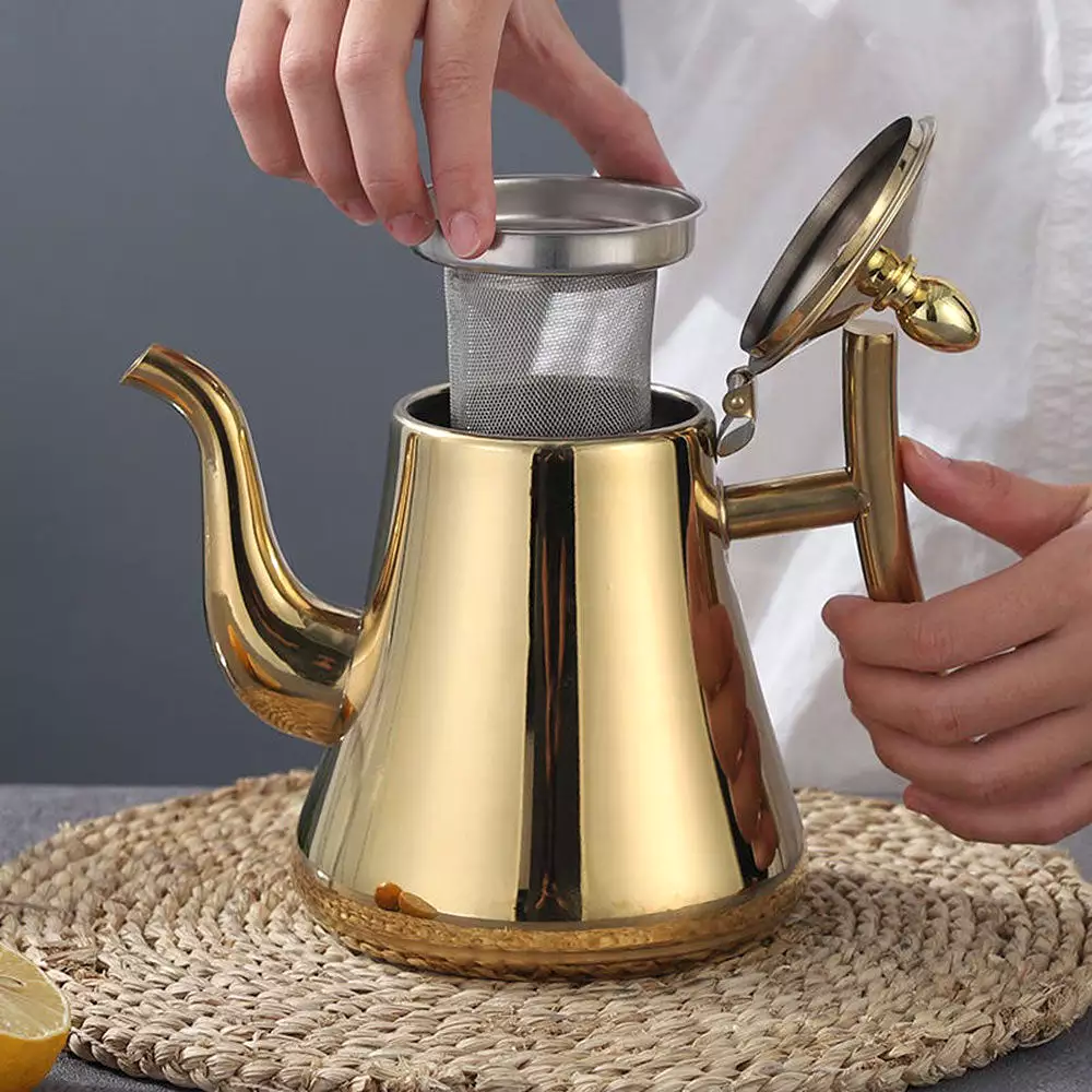 Gold Teapot with Infuser Stainless Steel Water Kettle Tea pot Polish Fashion - KITCHEN TOOL