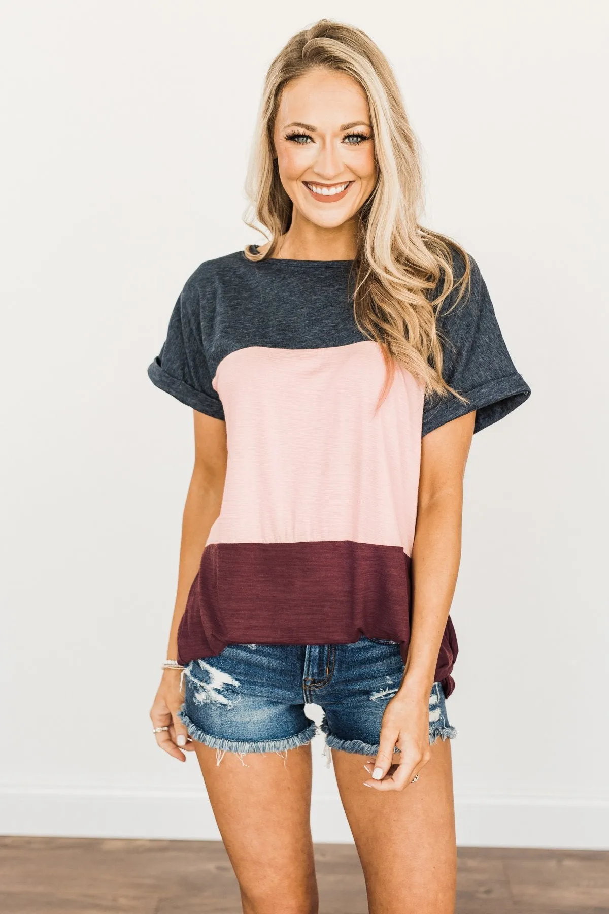 Happily Yours Color Block Top- Denim, Blush & Maroon