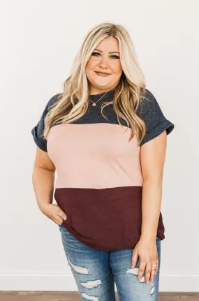 Happily Yours Color Block Top- Denim, Blush & Maroon