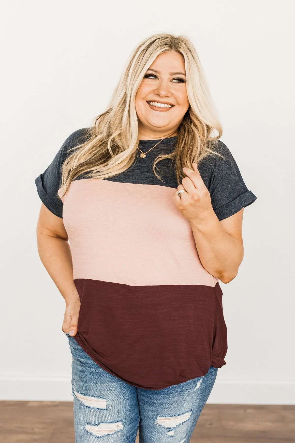 Happily Yours Color Block Top- Denim, Blush & Maroon