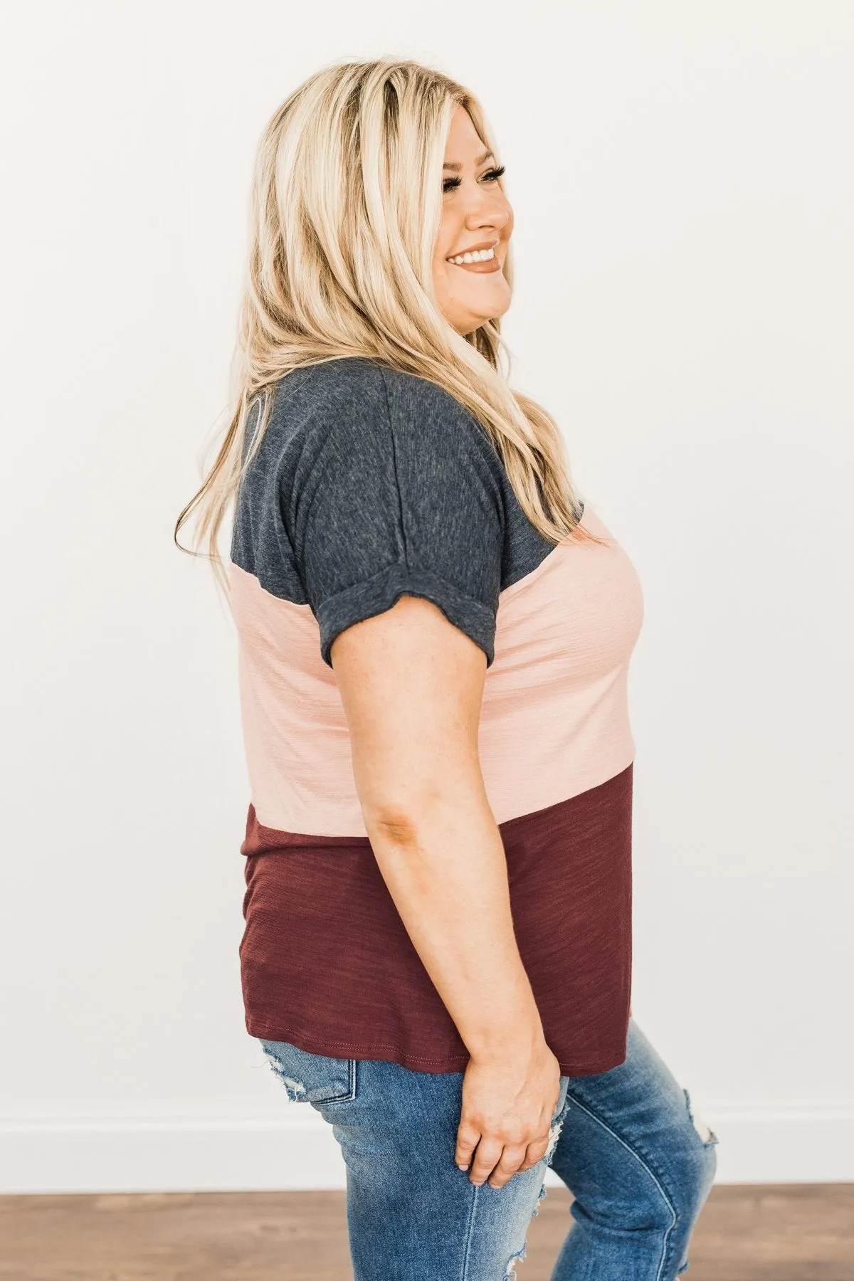 Happily Yours Color Block Top- Denim, Blush & Maroon