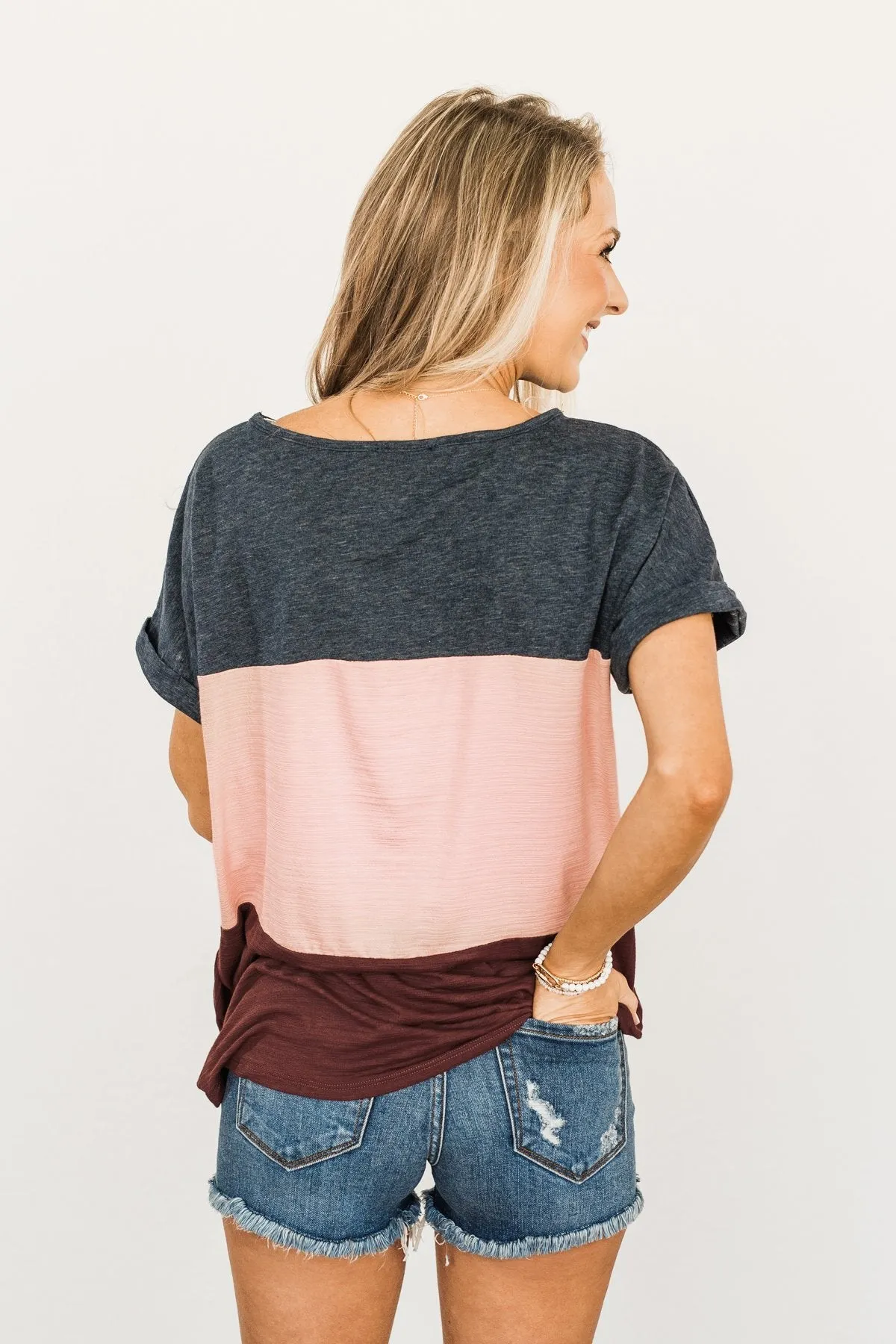 Happily Yours Color Block Top- Denim, Blush & Maroon