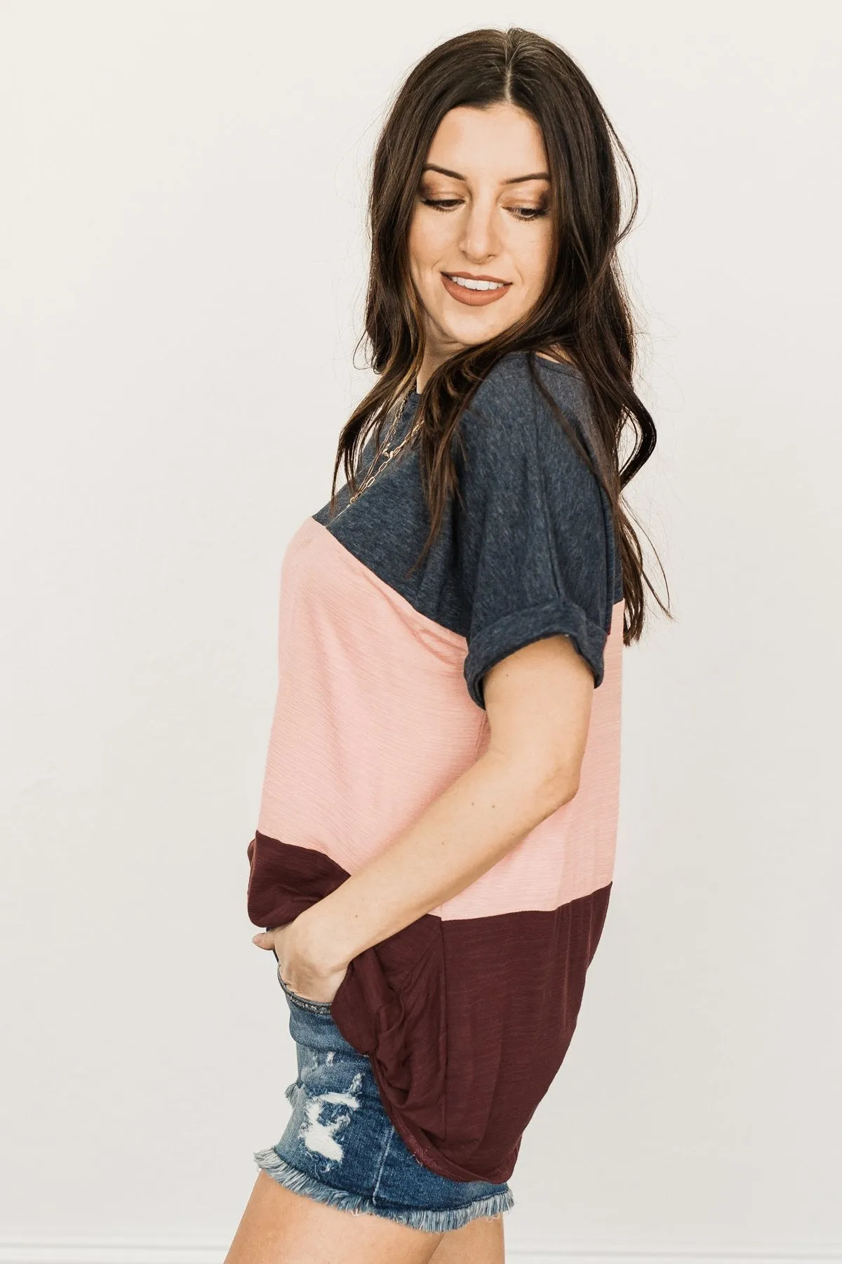 Happily Yours Color Block Top- Denim, Blush & Maroon