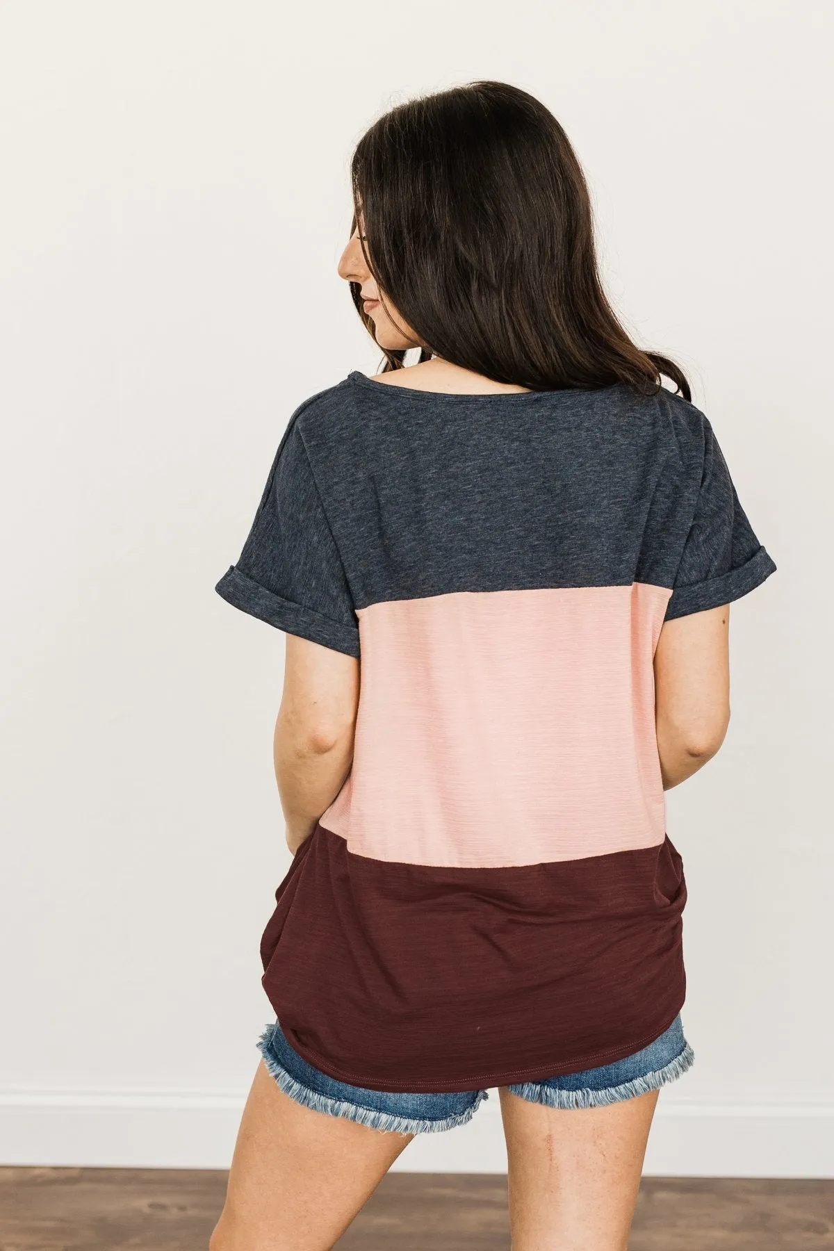 Happily Yours Color Block Top- Denim, Blush & Maroon