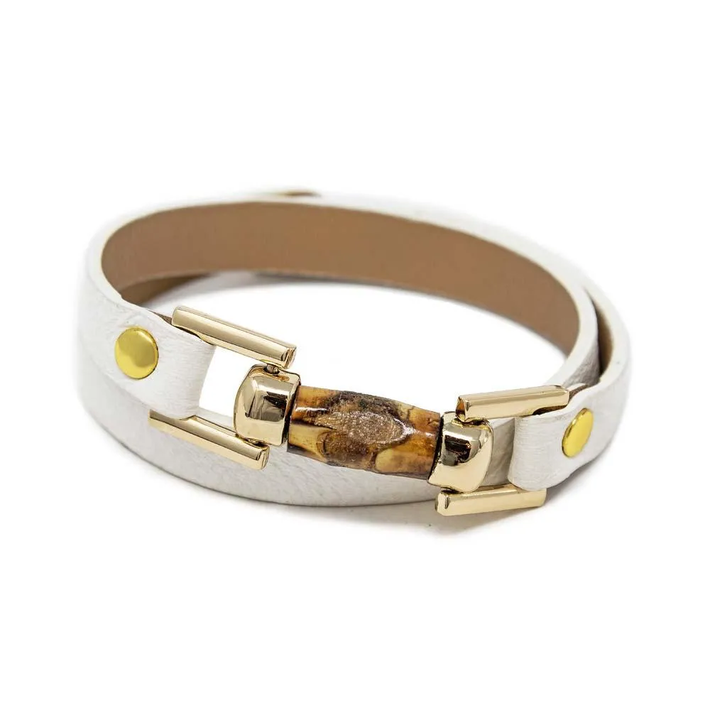 Leather Wrap Bracelet with Bamboo White