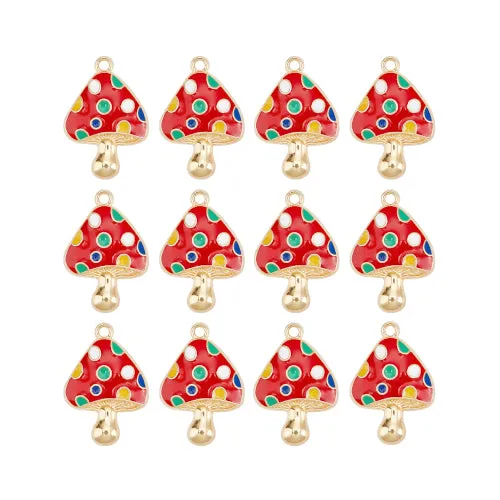 Pendants, Mushroom, Multicolored, Enameled, Single-Sided, Light Gold Plated, Alloy, 23mm