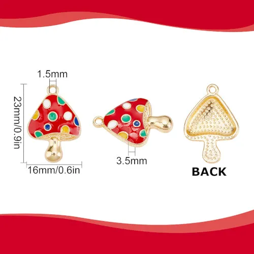 Pendants, Mushroom, Multicolored, Enameled, Single-Sided, Light Gold Plated, Alloy, 23mm