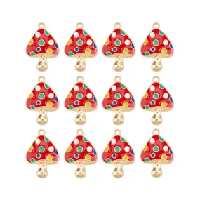 Pendants, Mushroom, Multicolored, Enameled, Single-Sided, Light Gold Plated, Alloy, 23mm