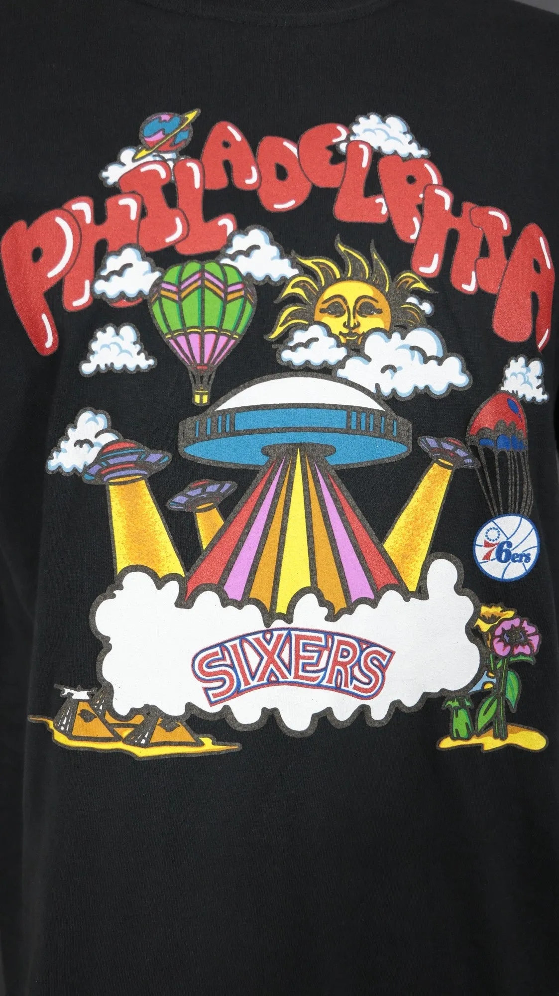 Philadelphia 76ers Hardwood Classics Energy Psychedelic Graphics | Black T-shirt