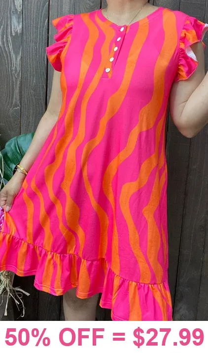 Pink & Orange print dress with cap sleeves