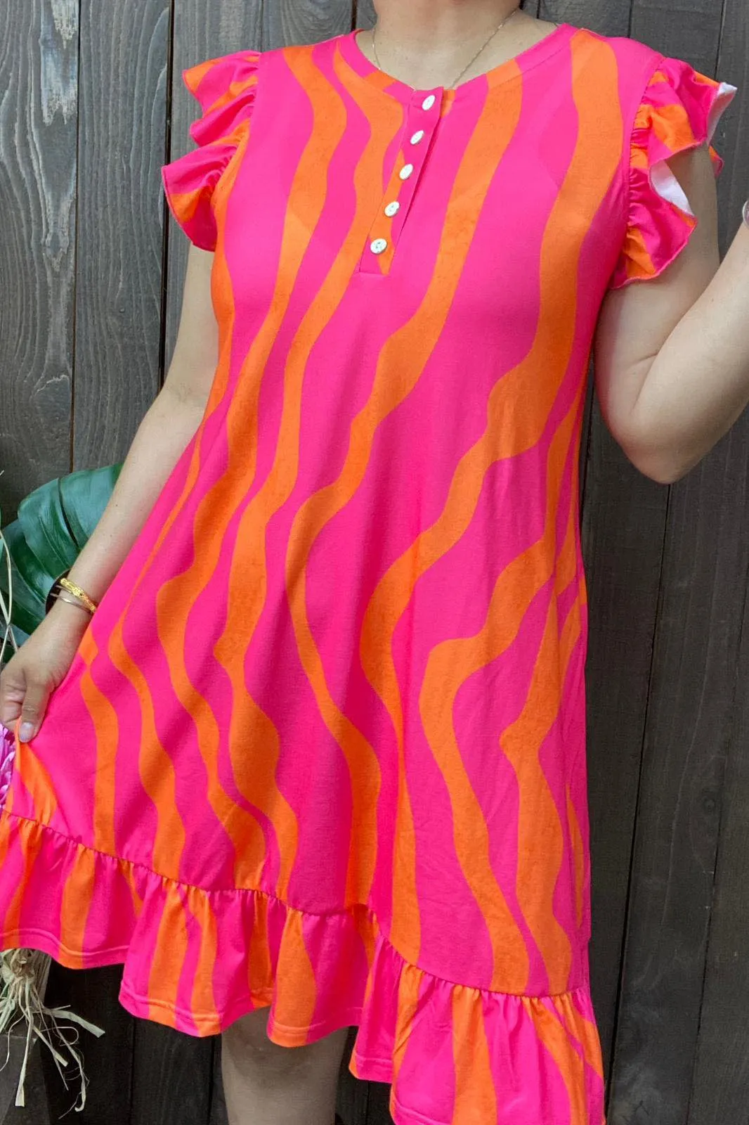 Pink & Orange print dress with cap sleeves