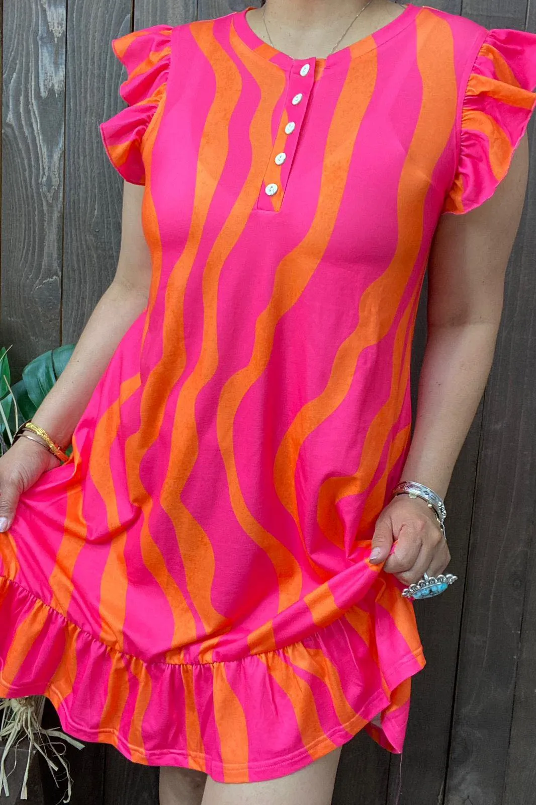 Pink & Orange print dress with cap sleeves