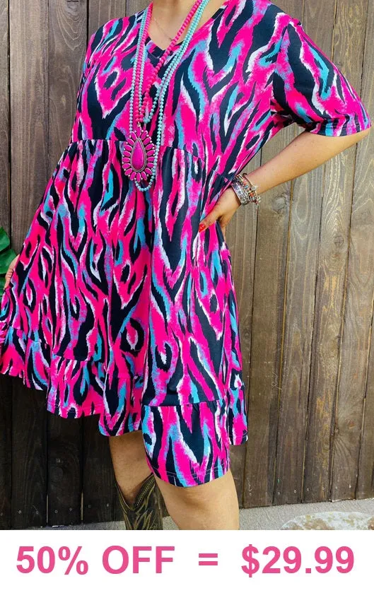 Pink, Black, Turquoise Blue zebra print dress