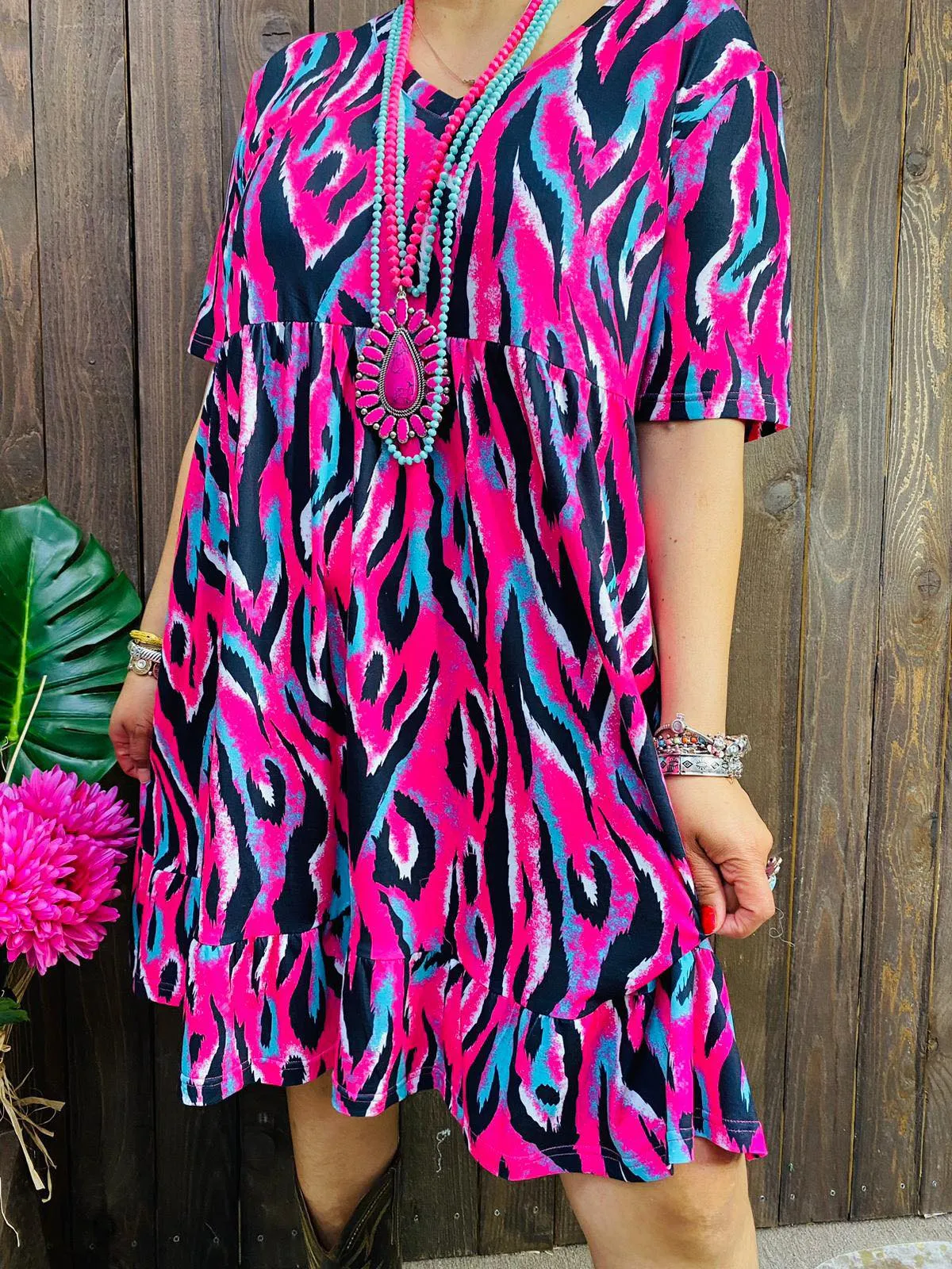 Pink, Black, Turquoise Blue zebra print dress