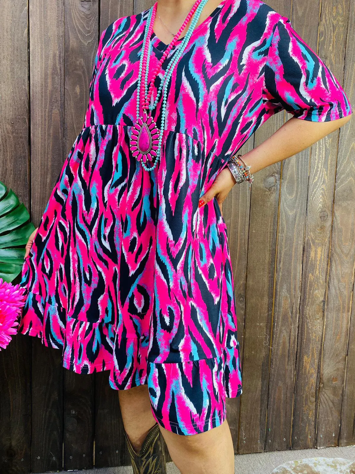 Pink, Black, Turquoise Blue zebra print dress