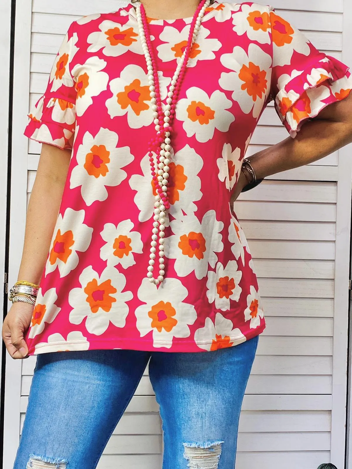 Pink Floral ruffle sleeve top