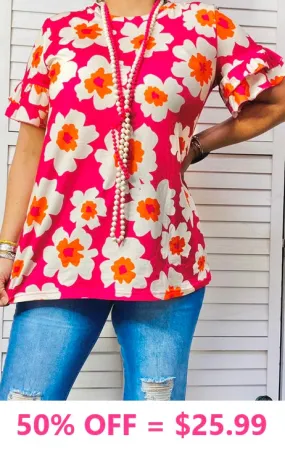 Pink Floral ruffle sleeve top