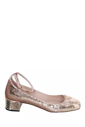 Prada Rose Gold Sequin Triangle Logo Pump size 38