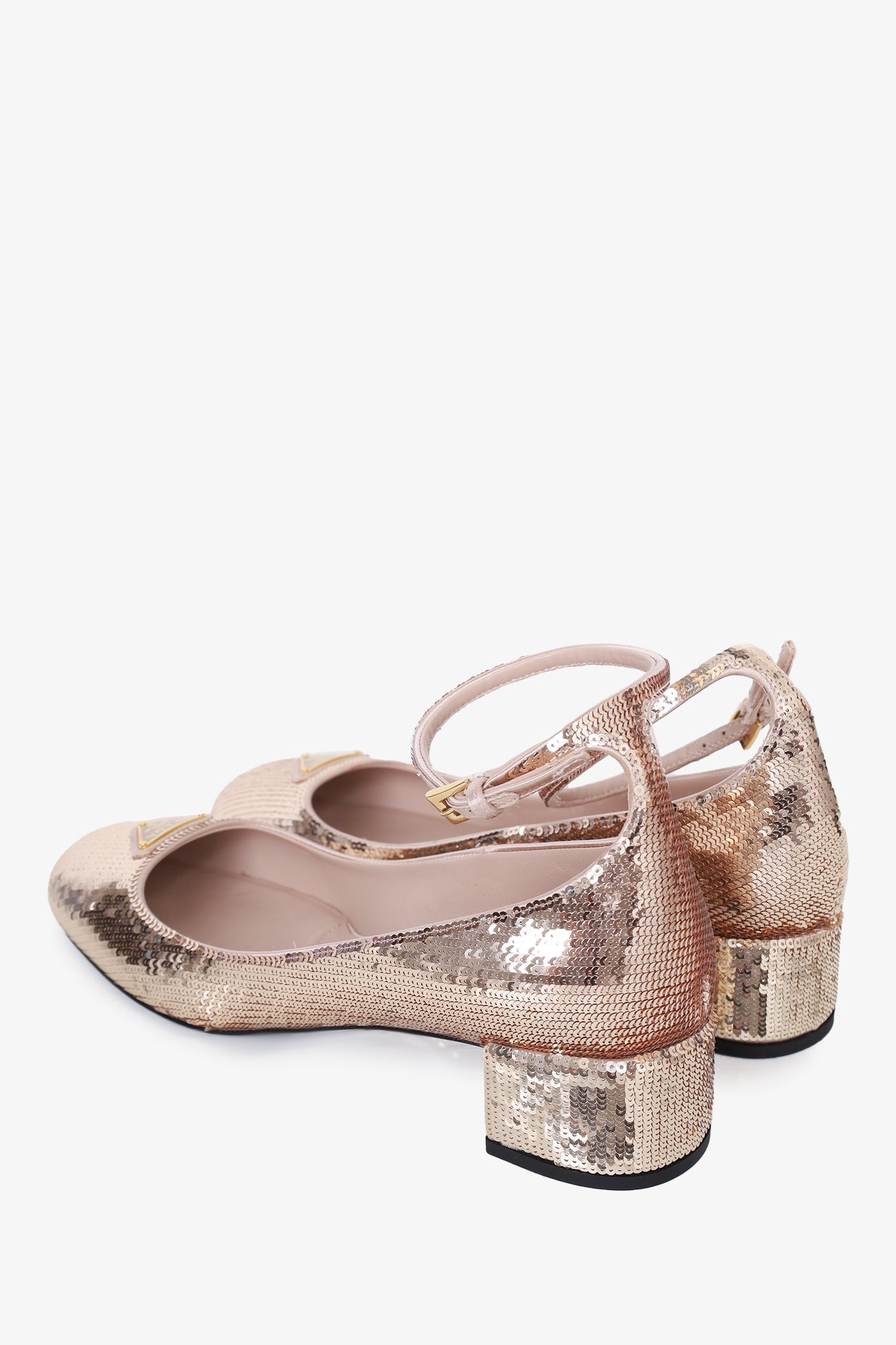 Prada Rose Gold Sequin Triangle Logo Pump size 38