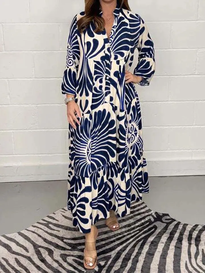 Printed Long Dress for Women Sexy V Neck Shirt Dresses L B-81926