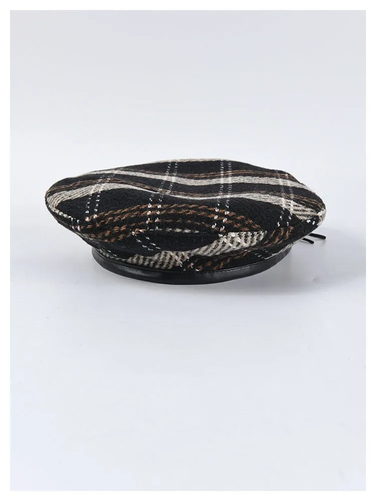 Retro Fashion Women's Plaid Adjustable Rope Beret for Fall-Winter