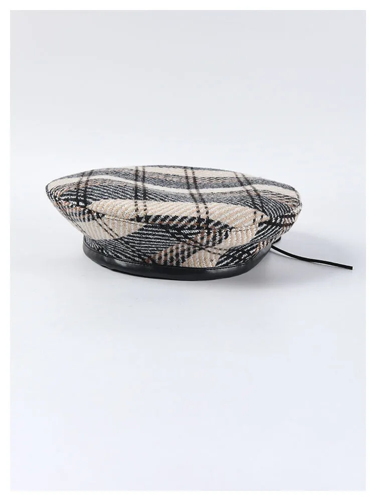 Retro Fashion Women's Plaid Adjustable Rope Beret for Fall-Winter