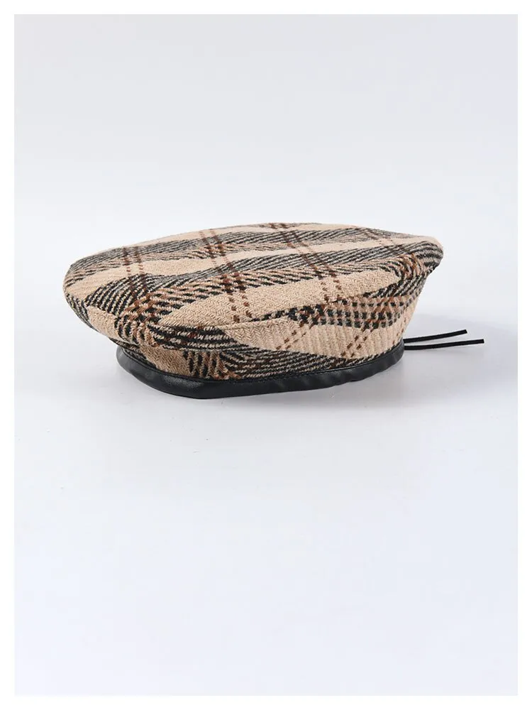 Retro Fashion Women's Plaid Adjustable Rope Beret for Fall-Winter