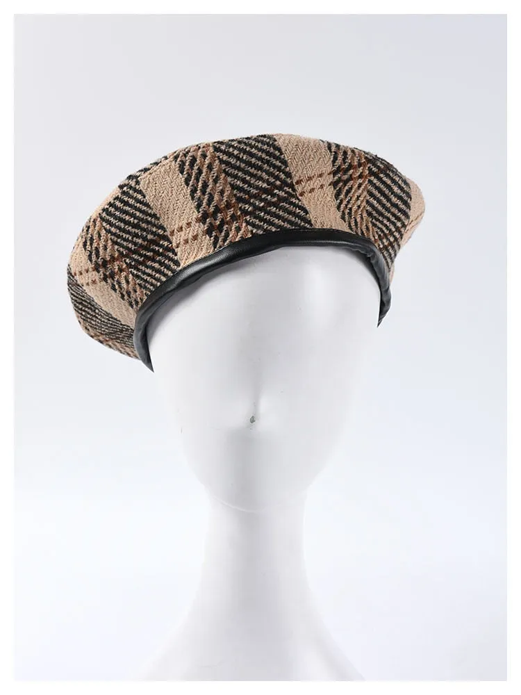 Retro Fashion Women's Plaid Adjustable Rope Beret for Fall-Winter