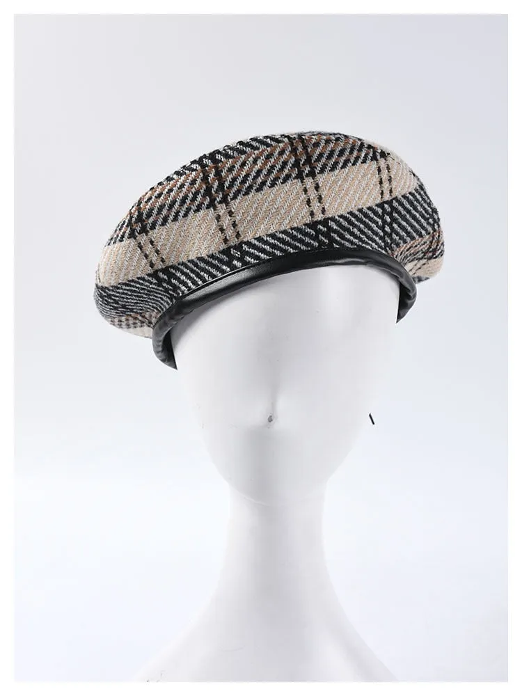 Retro Fashion Women's Plaid Adjustable Rope Beret for Fall-Winter