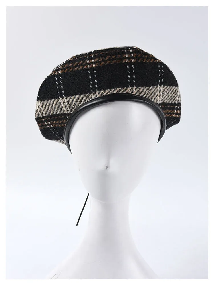 Retro Fashion Women's Plaid Adjustable Rope Beret for Fall-Winter